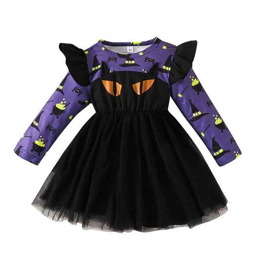 Children Girl's Halloween Dresses Black Orange Cat Cartoon Princess Dress For Girls Toddler Baby Kids Halloween Costume