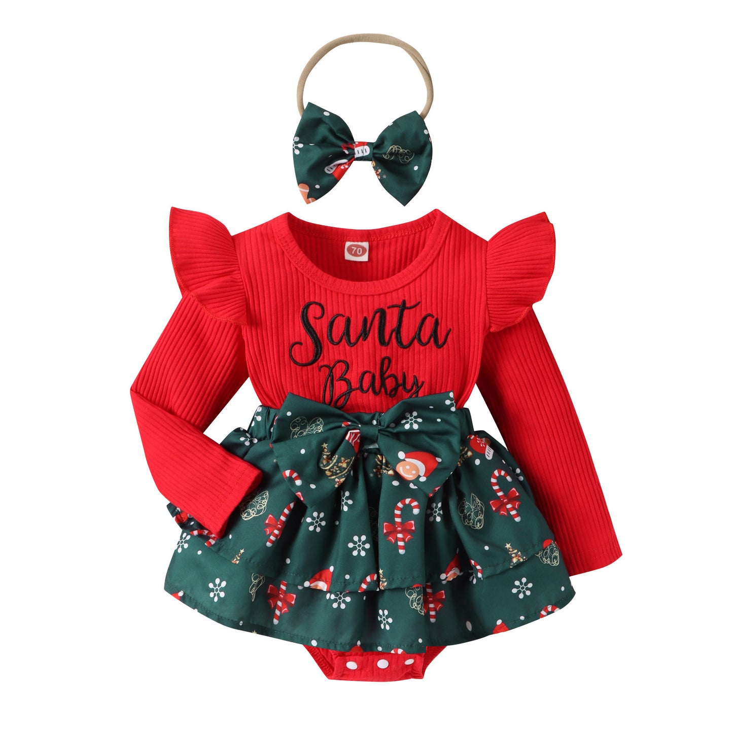 Baby Girls Christmas Romper Dress Long Sleeve Letter Santa Hat Print Romper with Bow Headband