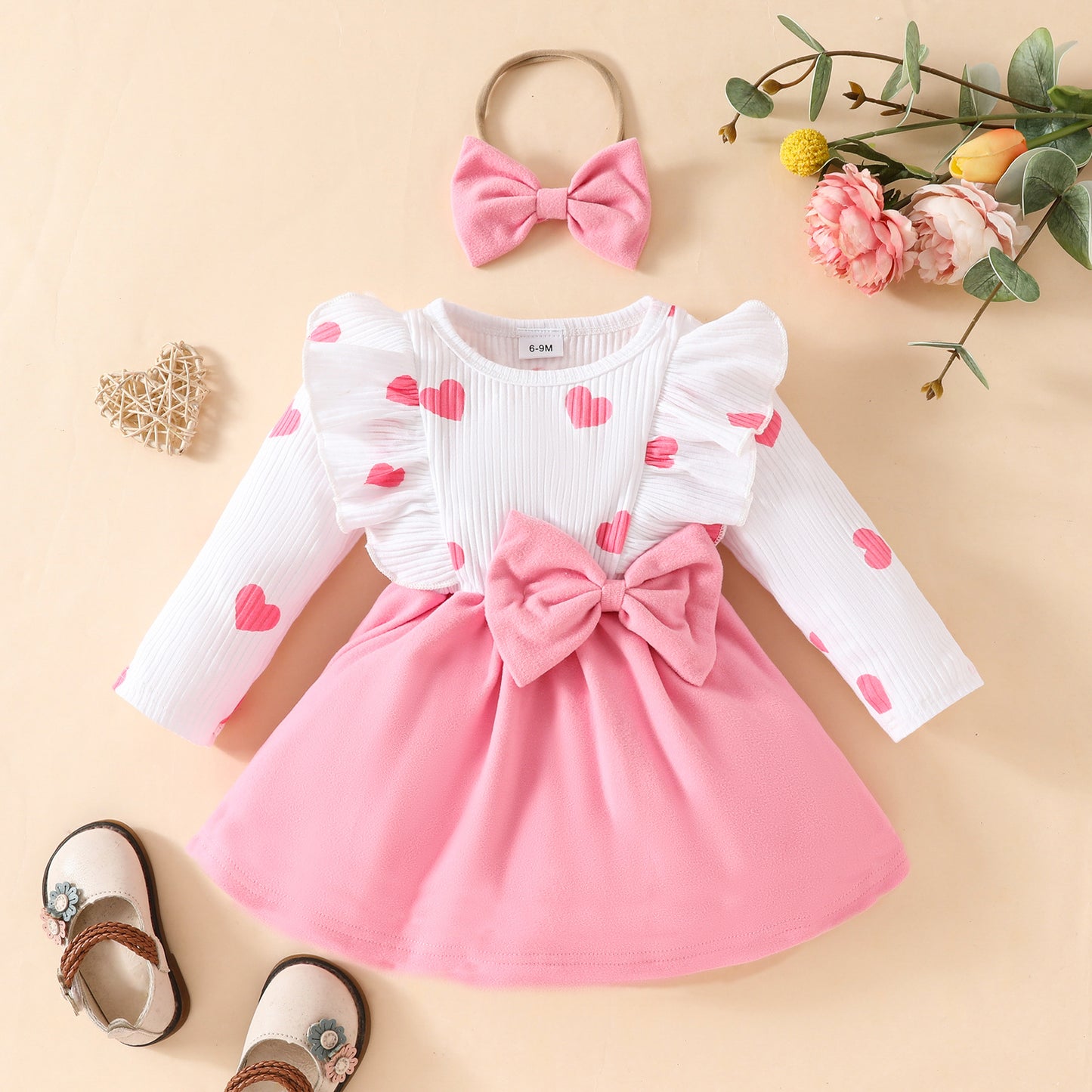 Baby Girls' Heart Print Color Block Dress with Ruffled Neckline & Waist Bow