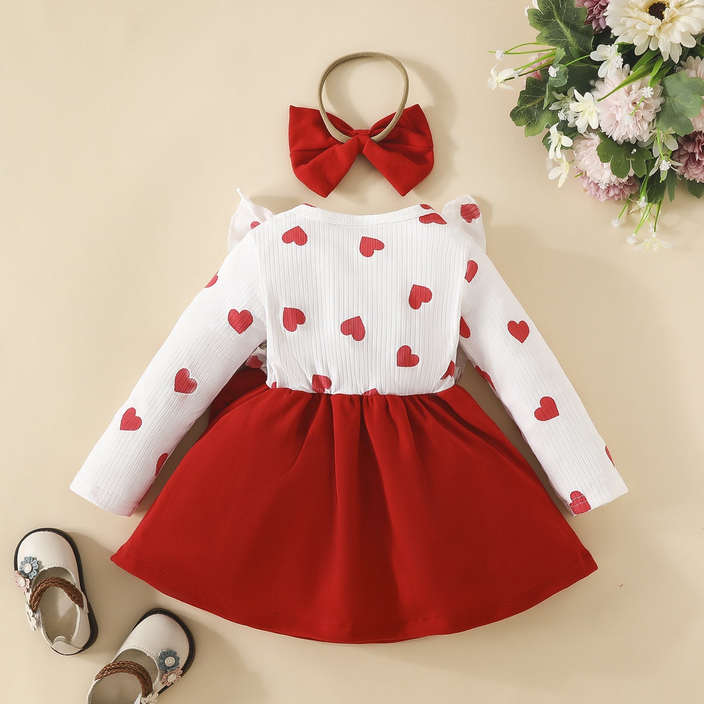 Baby Girls' Heart Print Color Block Dress with Ruffled Neckline & Waist Bow