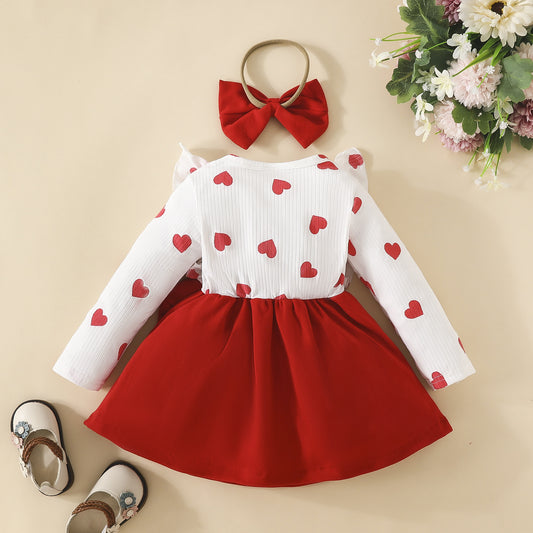 Baby Girls' Heart Print Color Block Dress with Ruffled Neckline & Waist Bow