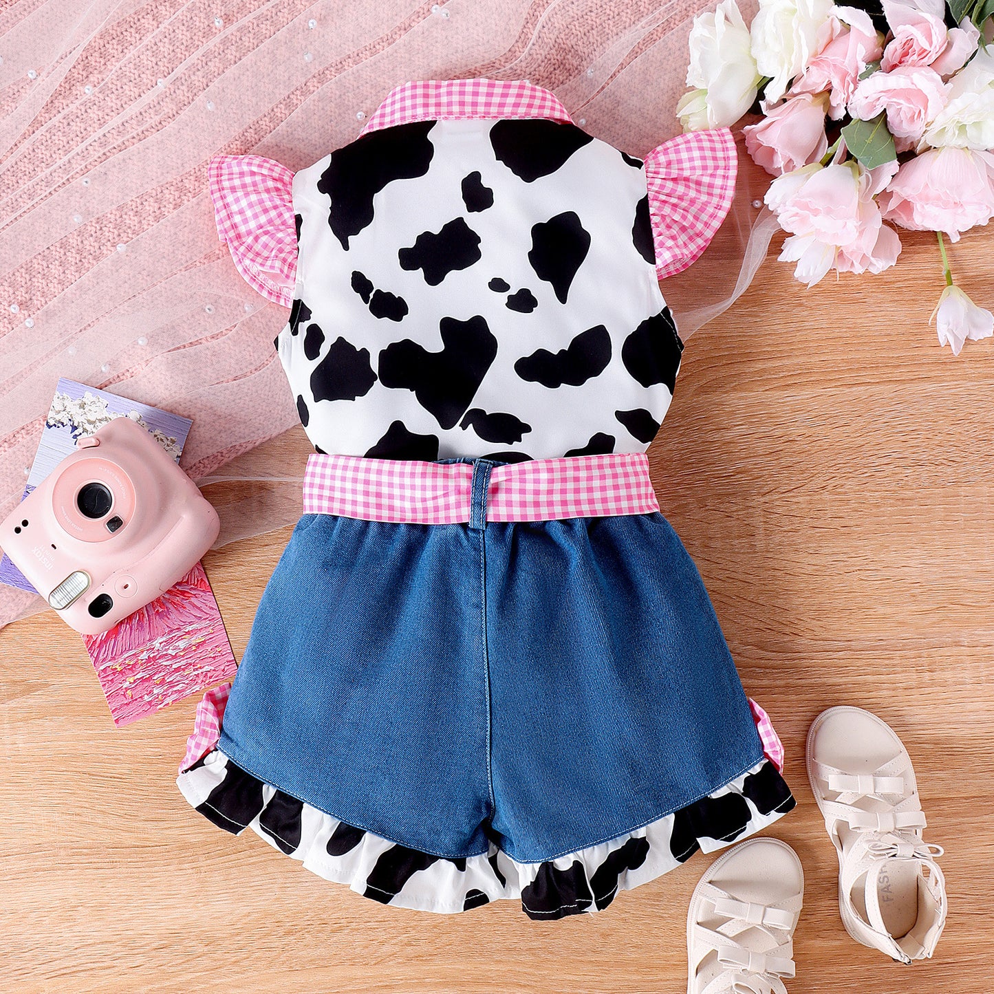 Baby Girl Countryside-style 2pcs Summer Outfits Fly Sleeve Cow Print Button Shirt + Denim Shorts Set Toddler Clothes Farm Girl, Perfect for Outdoor