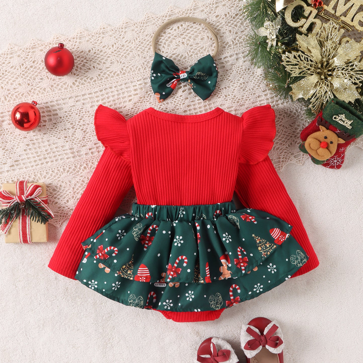 Baby Girls Christmas Romper Dress Long Sleeve Letter Santa Hat Print Romper with Bow Headband