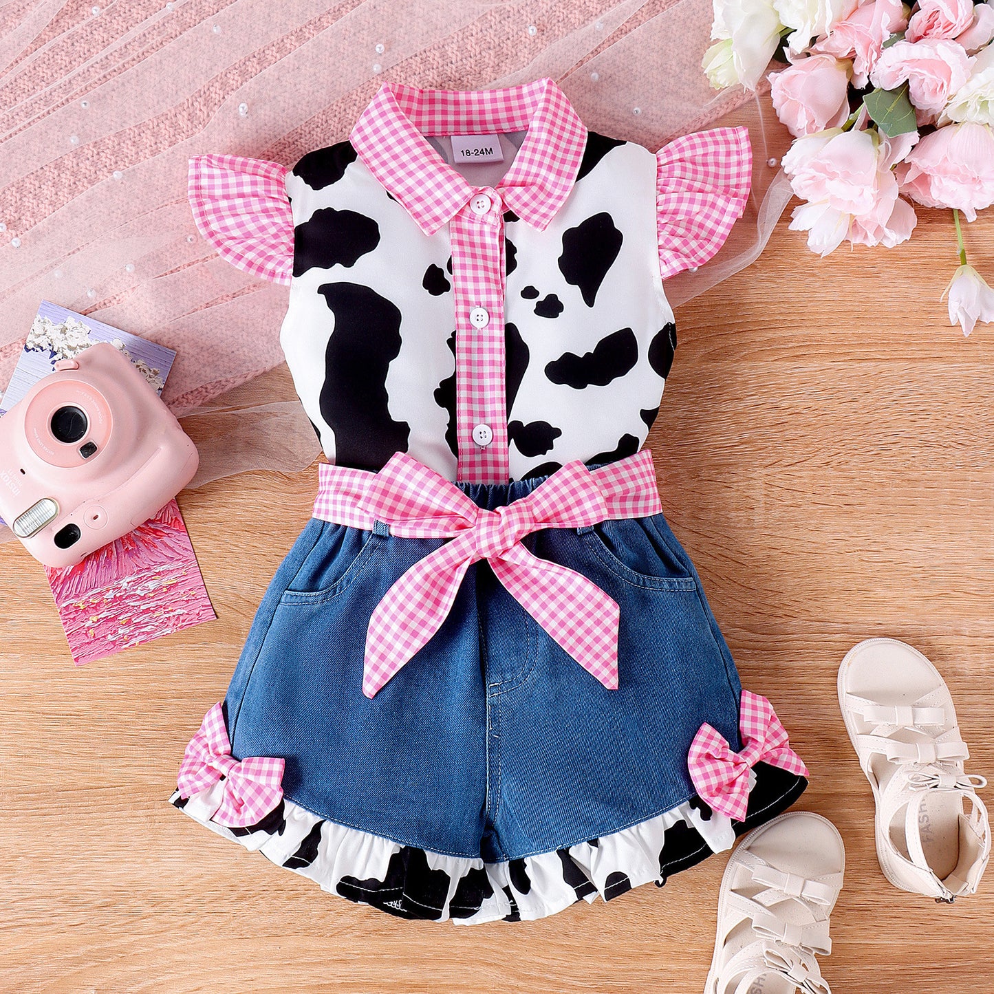 Baby Girl Countryside-style 2pcs Summer Outfits Fly Sleeve Cow Print Button Shirt + Denim Shorts Set Toddler Clothes Farm Girl, Perfect for Outdoor