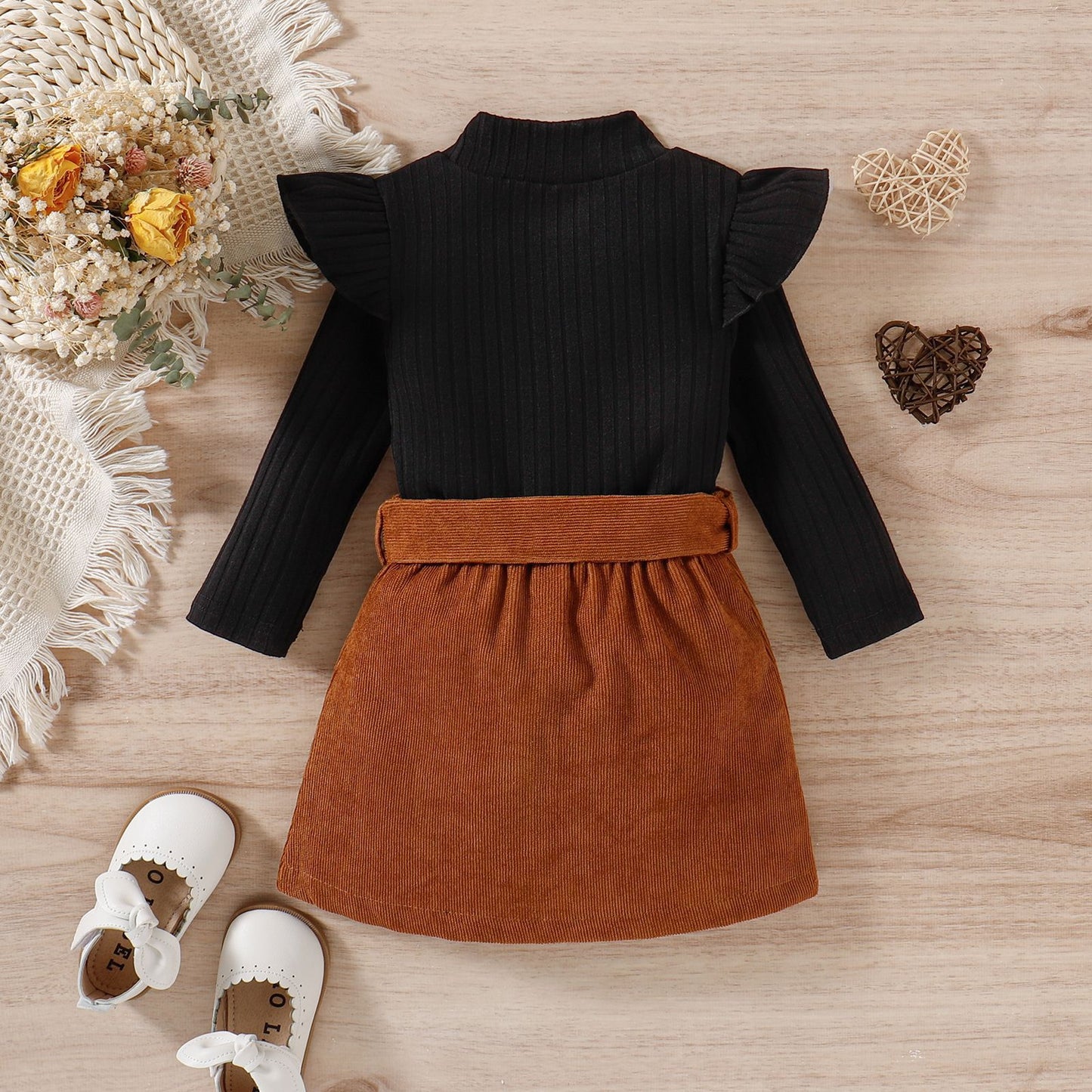 Toddler Baby Girl Fall Winter Skirt Set Turtleneck Ribbed Long Sleeve T-Shirt Top and Corduroy Skirts Dress 2Pcs Outfits