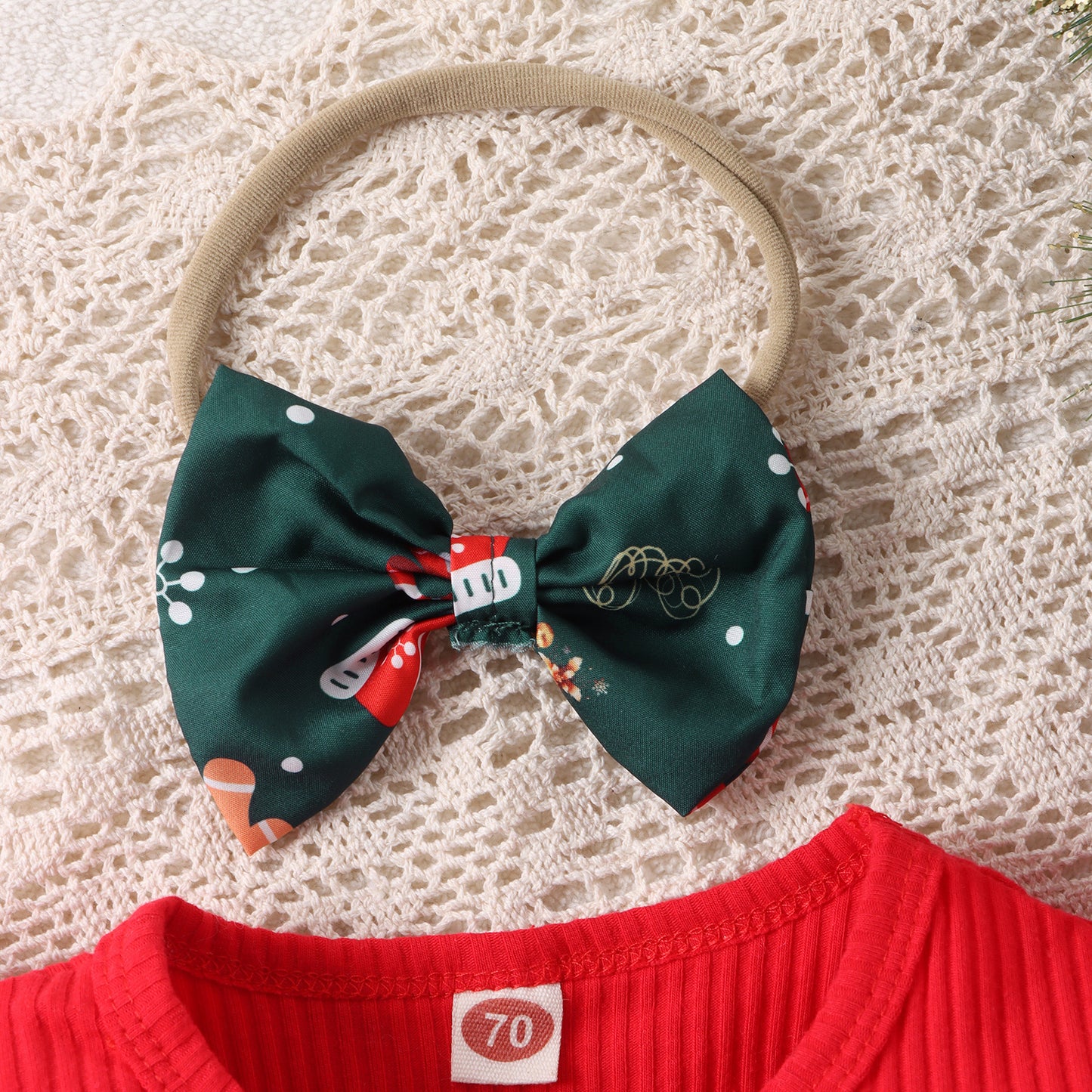 Baby Girls Christmas Romper Dress Long Sleeve Letter Santa Hat Print Romper with Bow Headband