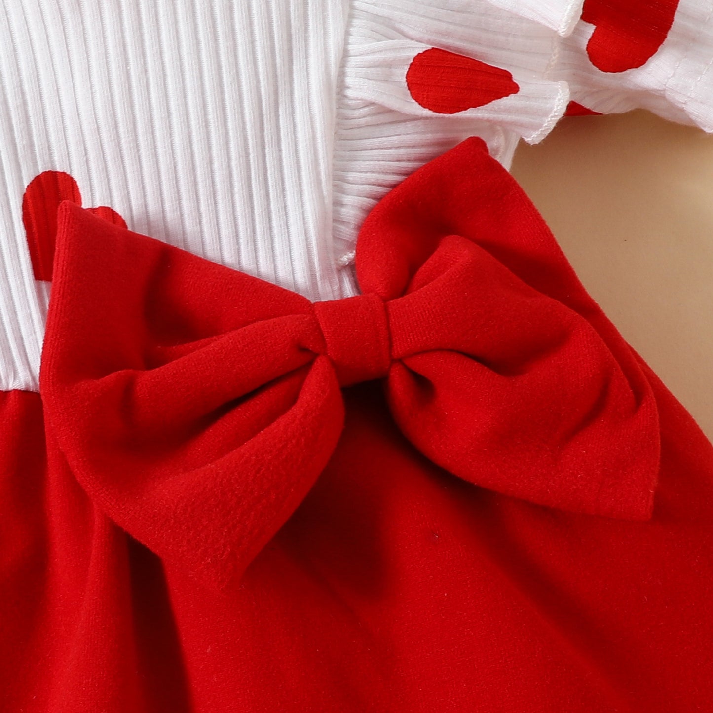 Baby Girls' Heart Print Color Block Dress with Ruffled Neckline & Waist Bow