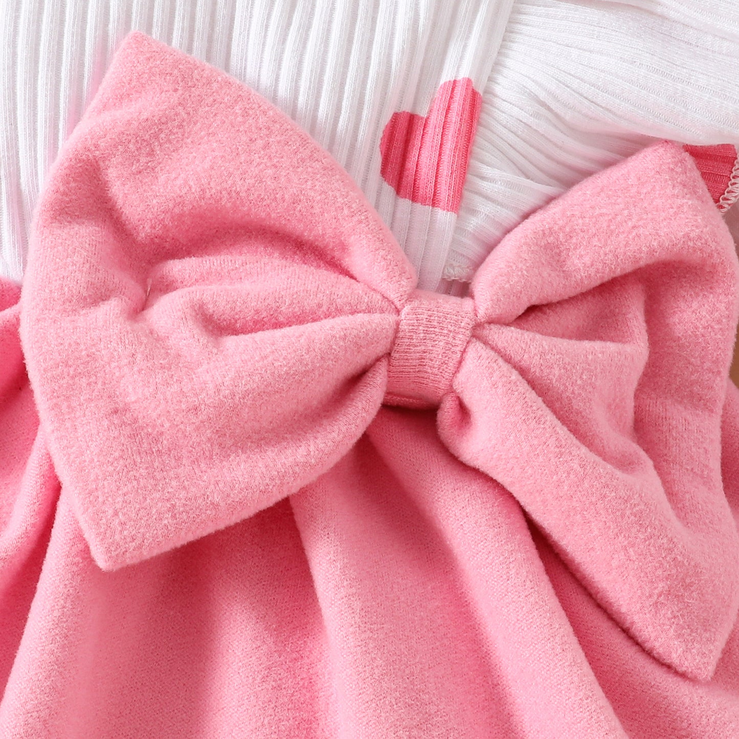 Baby Girls' Heart Print Color Block Dress with Ruffled Neckline & Waist Bow