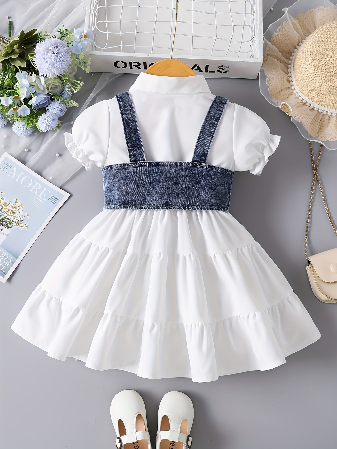 White Puff-Sleeve Dress for Girls Paired with a Denim Vest in a Two-Piece Set.