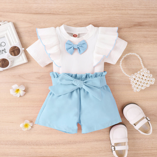 Baby Girls Clothes Summer Outfit Set Bow Top And Shorts 2-Piece Children's Clothing Ensemble for Girls
