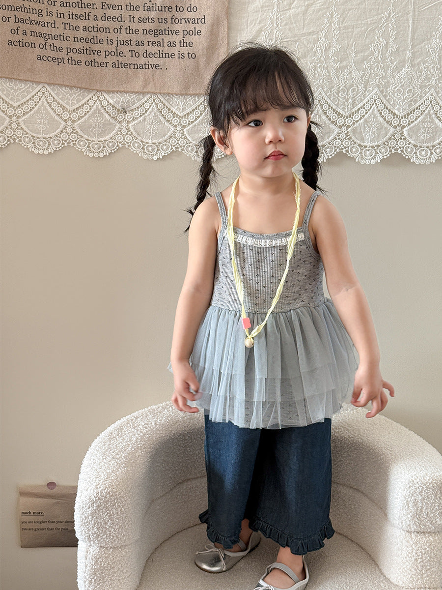 Girl's Set of Suspender Top with Mesh Fabric Patchwork + Straight Trousers with Ruffles