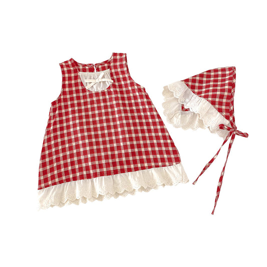 Girl's red checkered vest dress