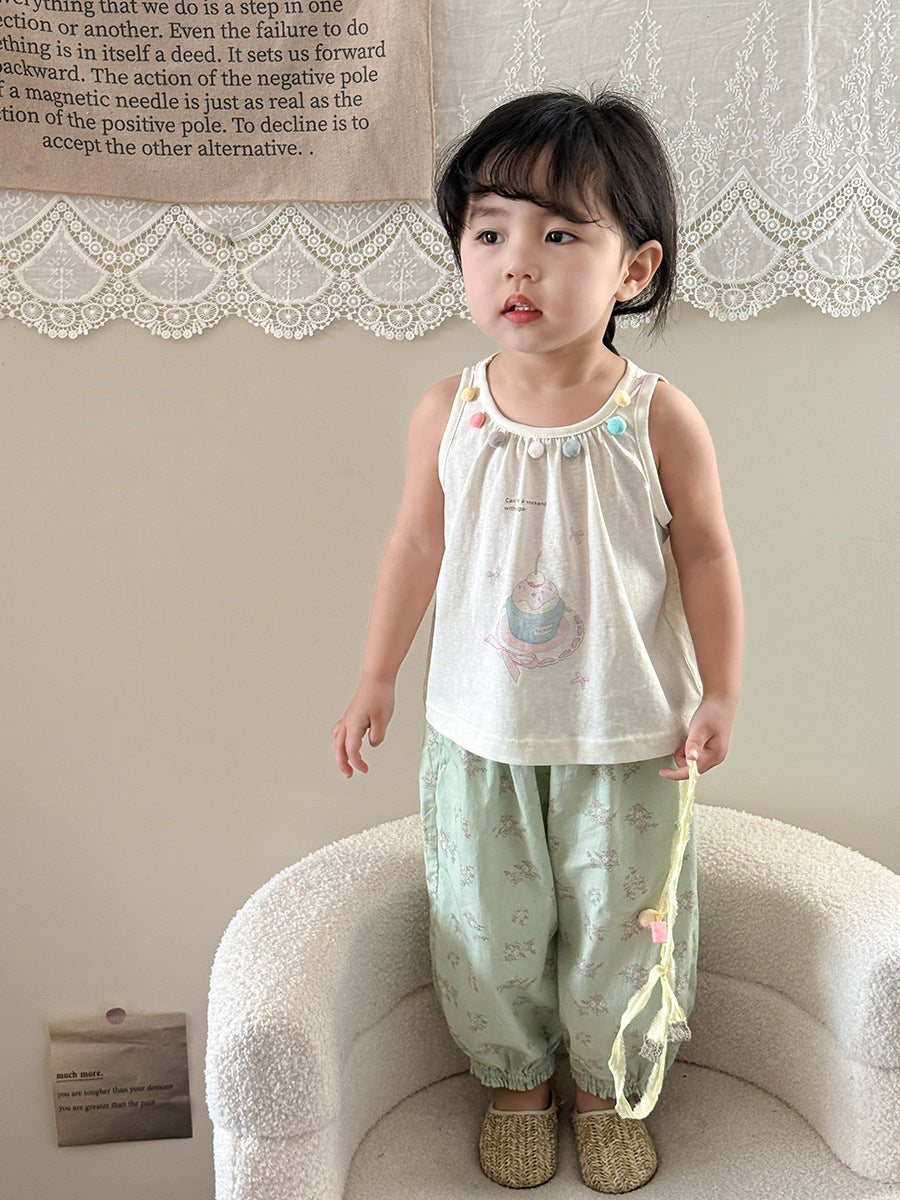 Little Girl's Set of Cartoon Vest with Pom-poms and Floral Anti-mosquito Pants