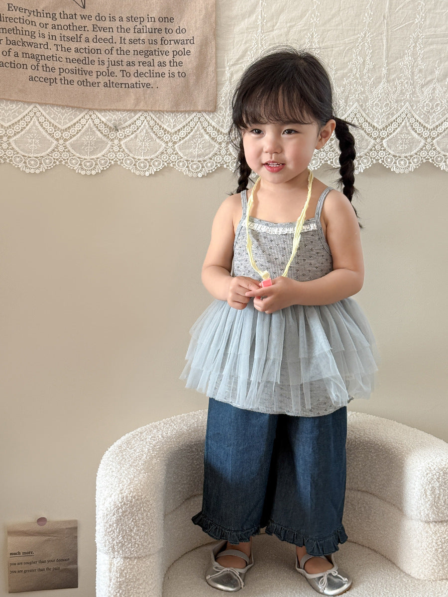 Girl's Set of Suspender Top with Mesh Fabric Patchwork + Straight Trousers with Ruffles