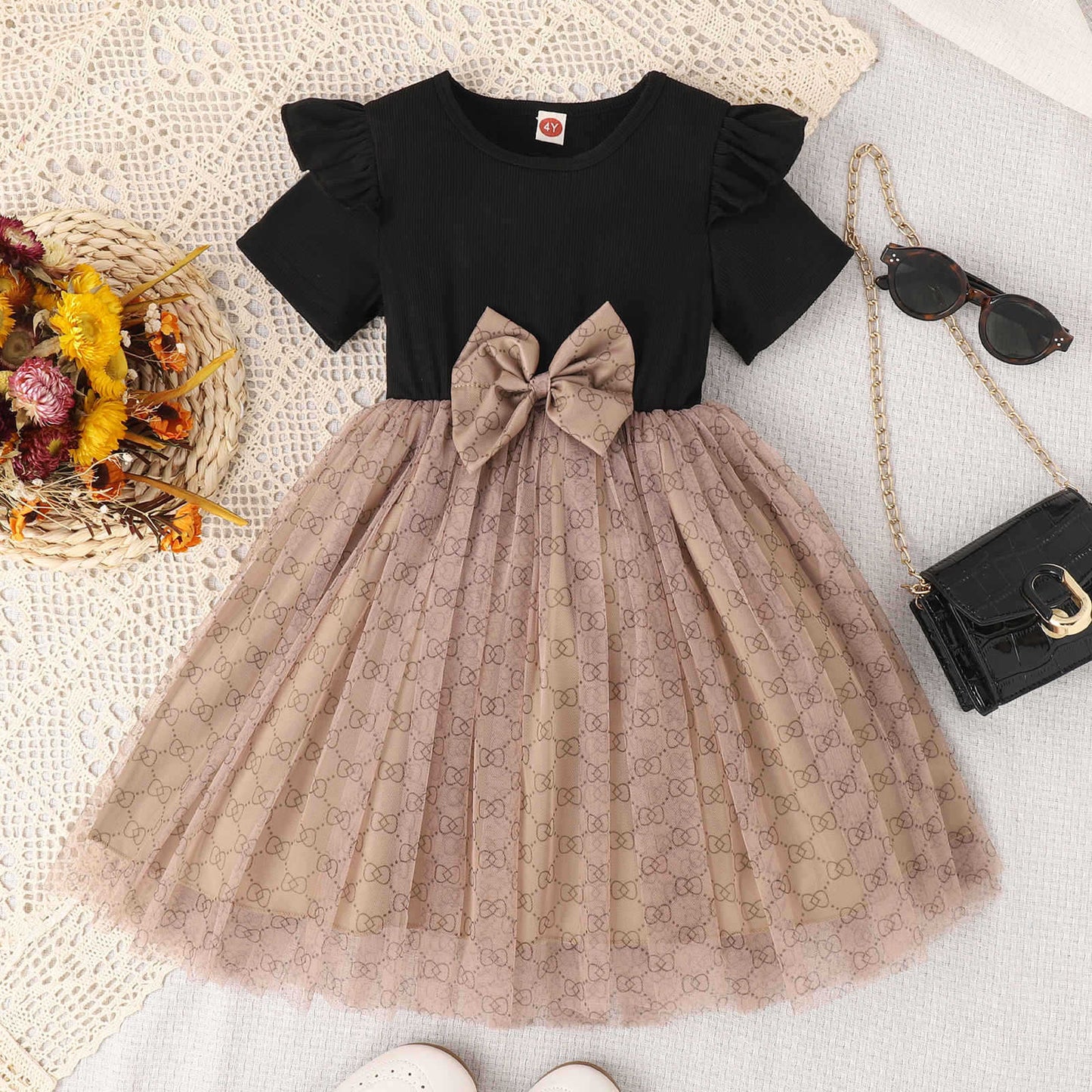Spring and Summer Girls' dress Short Sleeve Stitching Mesh Tutu Dress Daily Fashion Casual Princess Dress