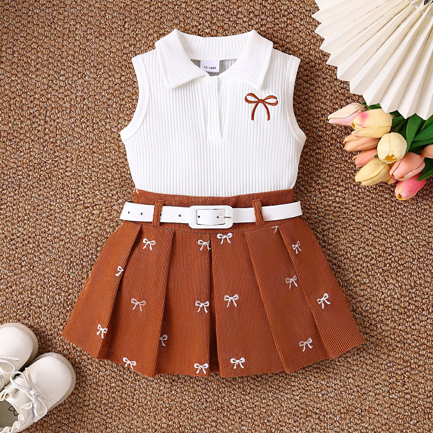 Preppy Summer Outfits for Toddler Girls- Sleeveless Bow Tank Top + Pleated Skirt Set
