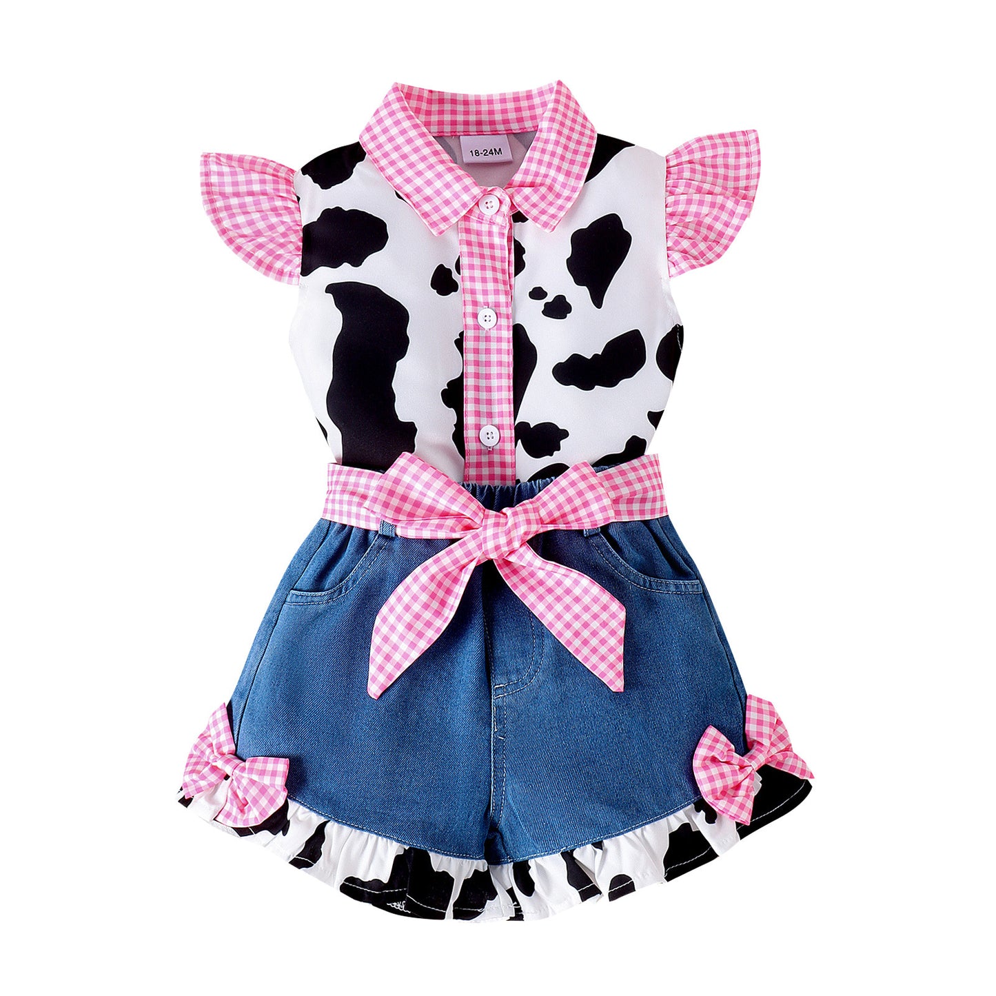 Baby Girl Countryside-style 2pcs Summer Outfits Fly Sleeve Cow Print Button Shirt + Denim Shorts Set Toddler Clothes Farm Girl, Perfect for Outdoor