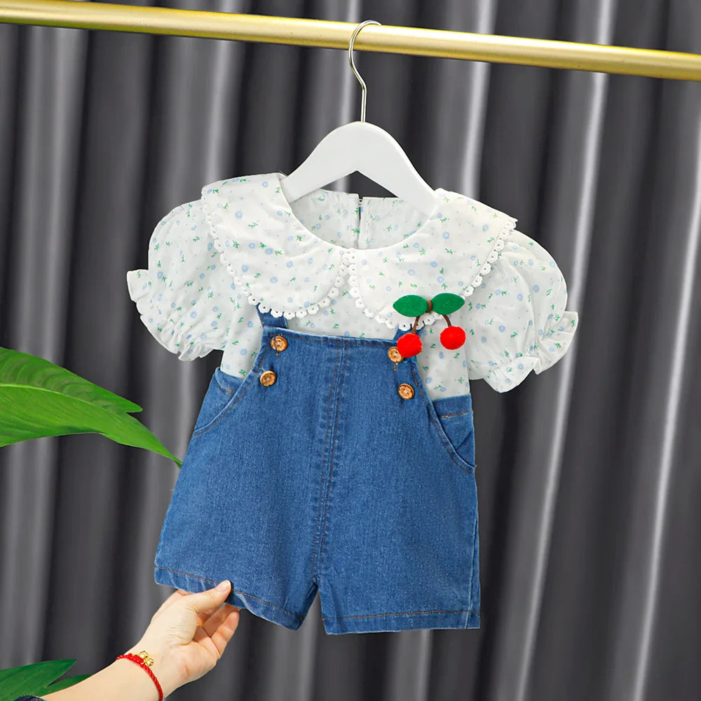 New Summer newborn girl baby clothes outfit sets floral shirt + denim overalls suit for girls baby clothing 1 year birthday sets