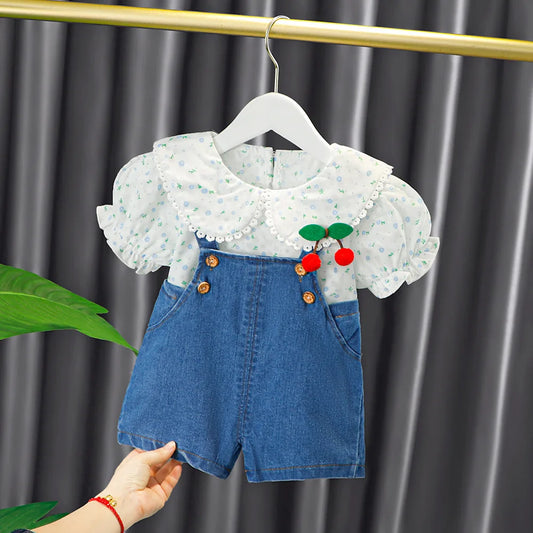 New Summer newborn girl baby clothes outfit sets floral shirt + denim overalls suit for girls baby clothing 1 year birthday sets