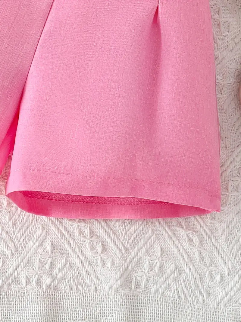 Charming Pink Bow-Accented Crop Top & Shorts Set for Youngsters Girls