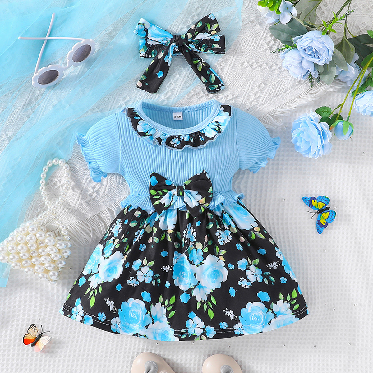 Long Sleeve Gown Toddler Girls Short Sleeve Ribbed Bowknot Dresses Infant Ruffles Floral Printed Tween Easter