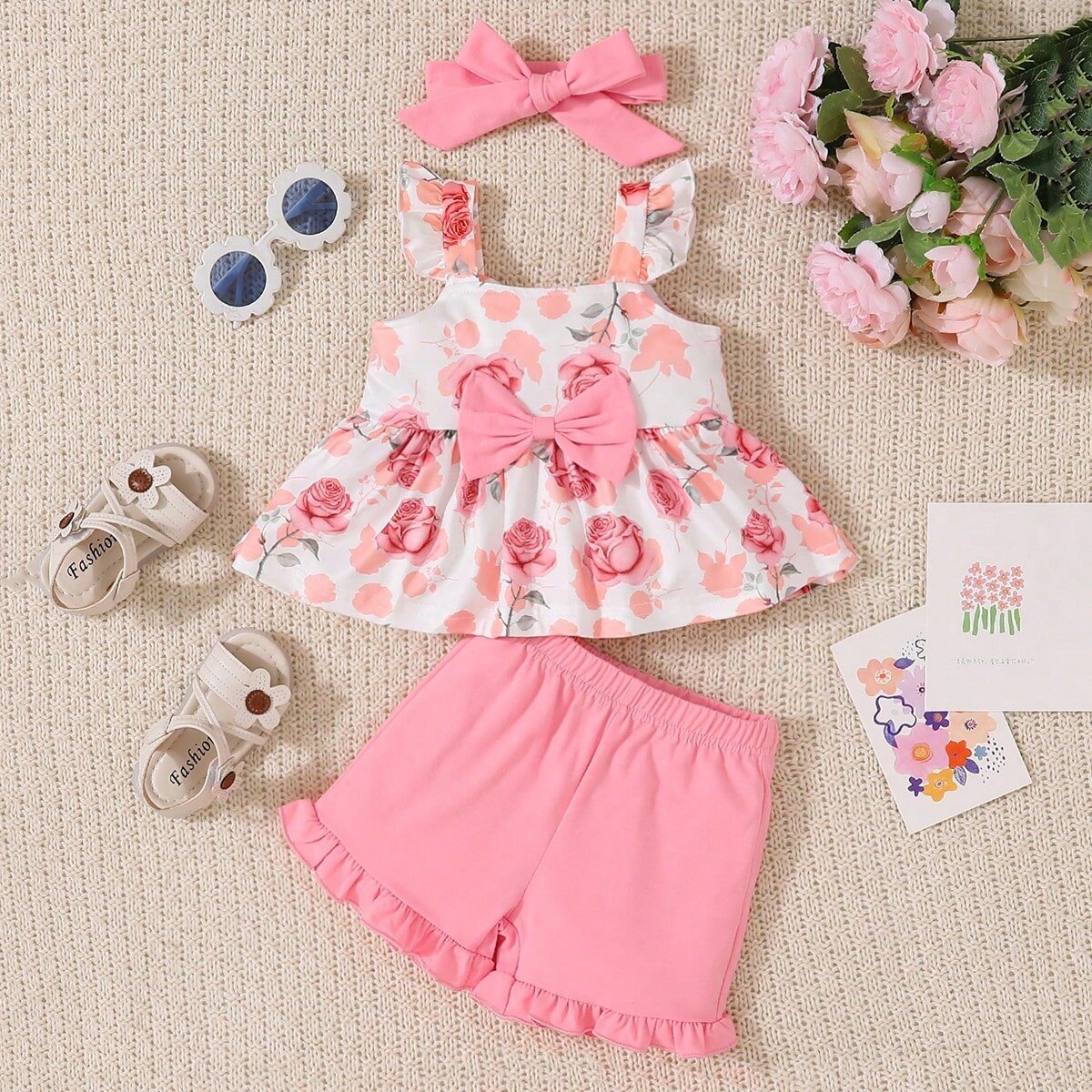 Toddler Baby Girl Summer Clothes Infant Outfits Ruffle Sleeveless Floral Printed Bowknot Tank Top Cute Shorts Sets