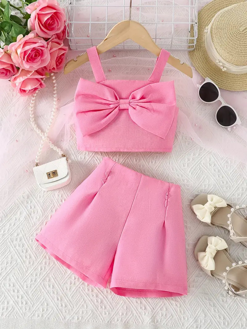 Charming Pink Bow-Accented Crop Top & Shorts Set for Youngsters Girls