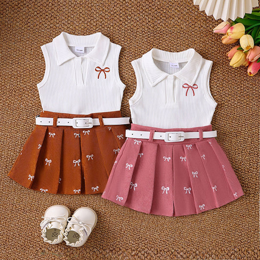 Preppy Summer Outfits for Toddler Girls- Sleeveless Bow Tank Top + Pleated Skirt Set