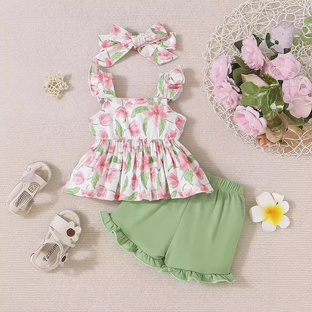 Toddler Baby Girl Summer Clothes Infant Outfits Ruffle Sleeveless Floral Printed Bowknot Tank Top Cute Shorts Sets