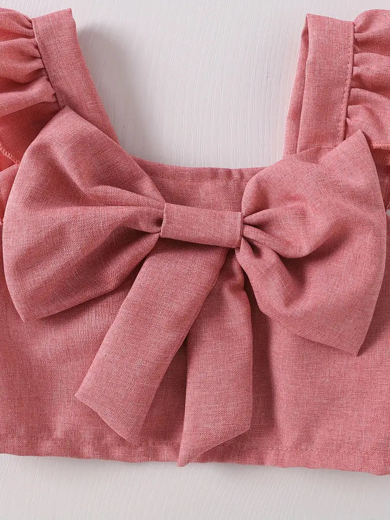 Two-piece Set for Little Girl with Flying Sleeve Blouse with Bow and Half Skirt with Bow Shorts
