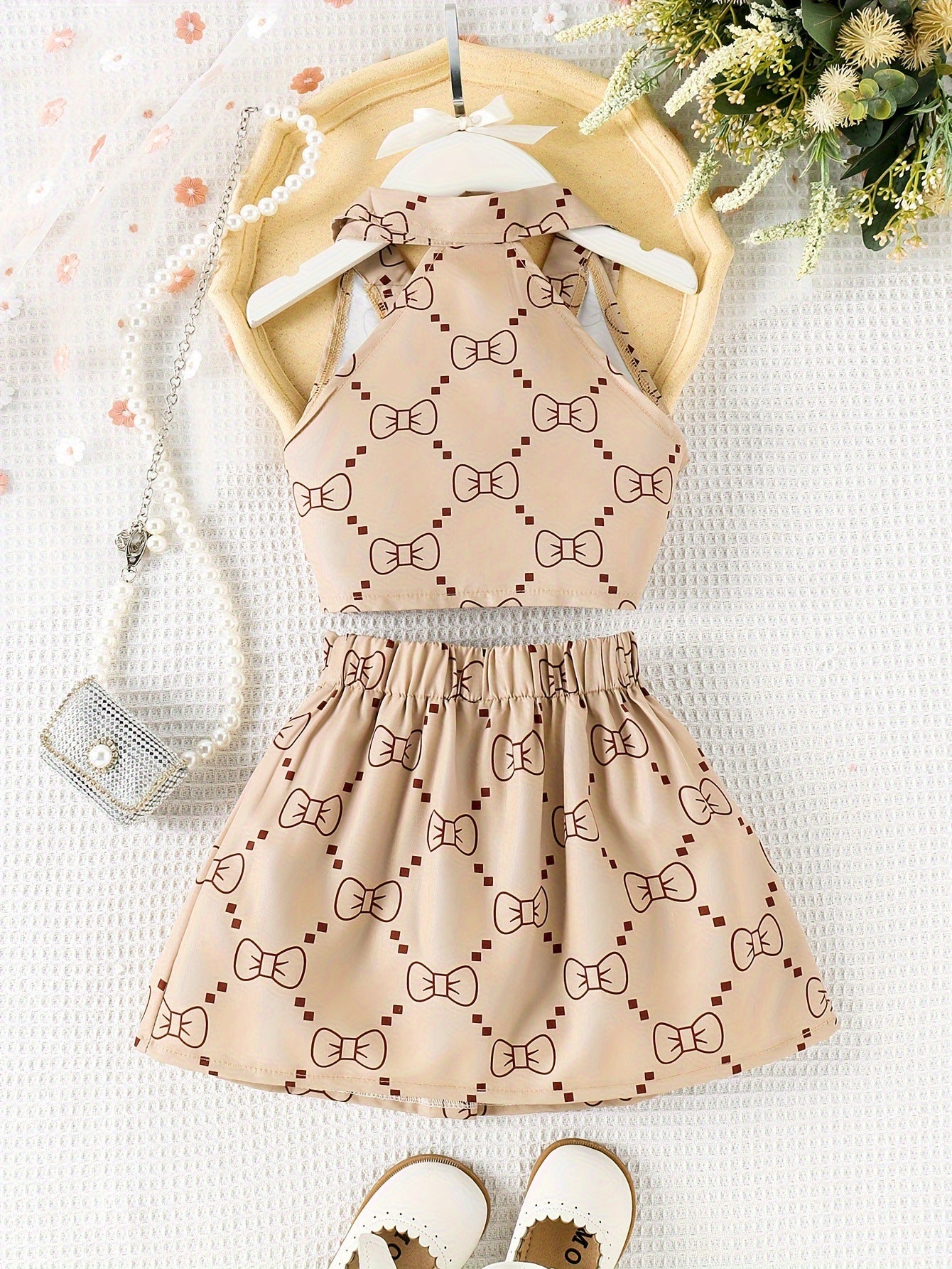 Two-piece set of a fashionable bow-knot printed sleeveless vest and a pleated skirt for girls in summer