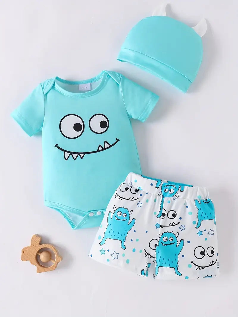 Three-piece set for baby boys: short-sleeved shirt with cute little monster expression in lake blue