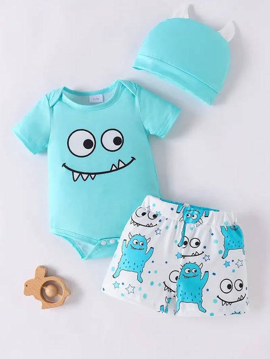 Three-piece set for baby boys: short-sleeved shirt with cute little monster expression in lake blue