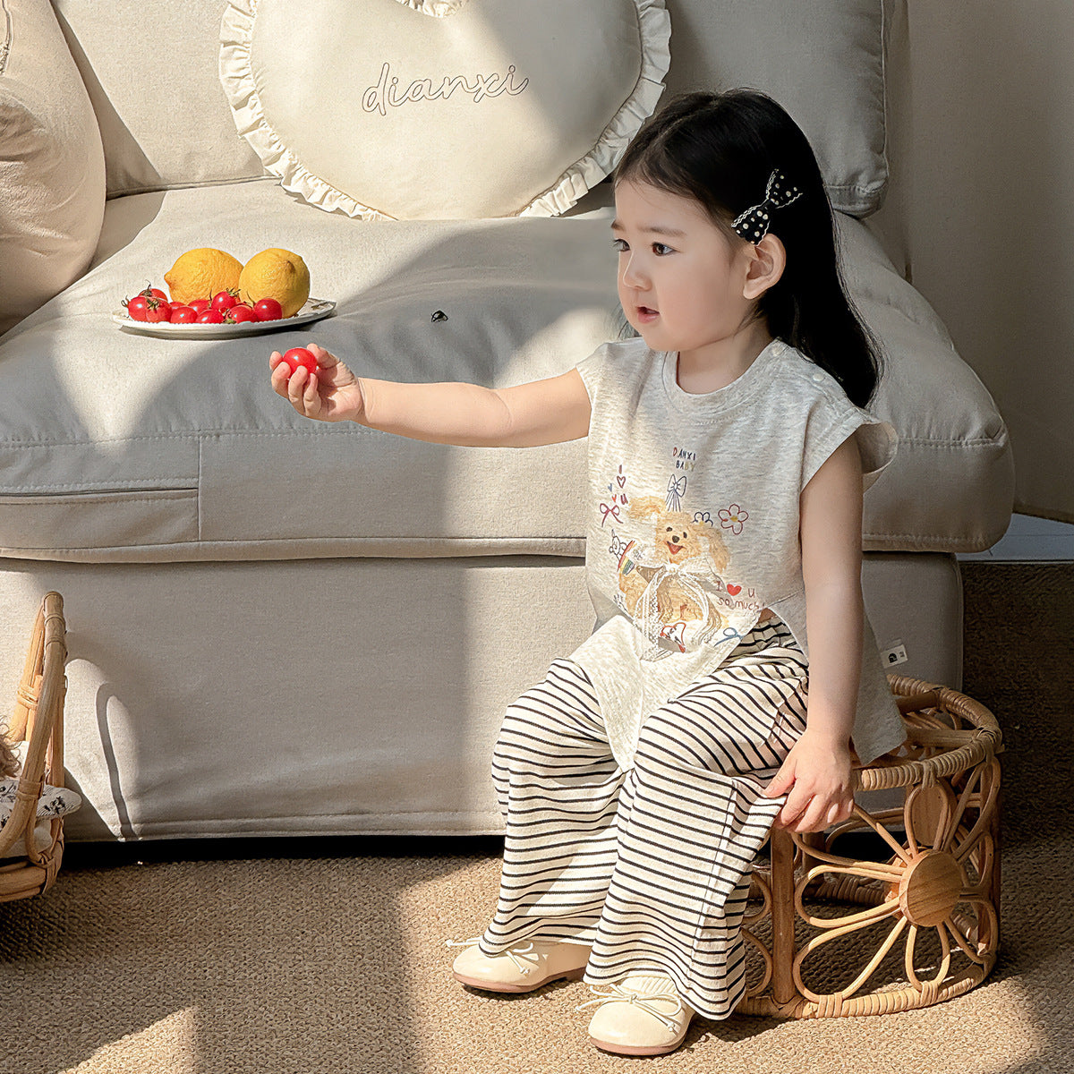 Summer bow-tie puppy striped pants set for girls