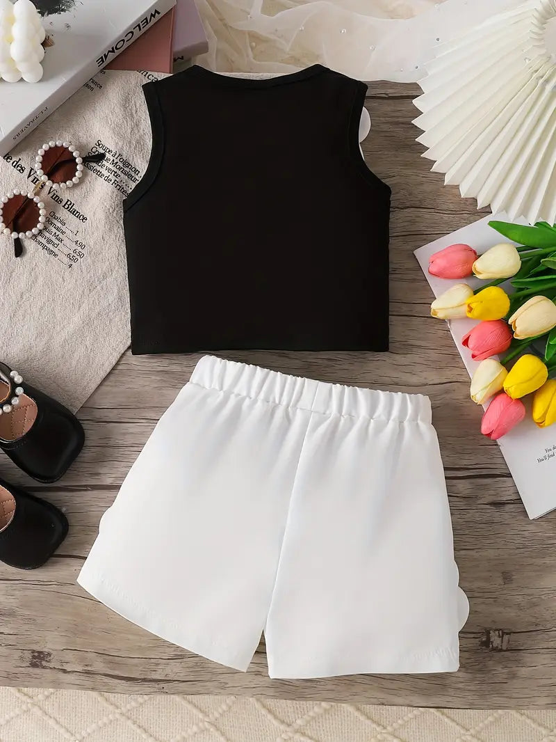Two-piece Set for Little Girl: Black Sleeveless Top with White Patchwork and White Patchwork Shorts