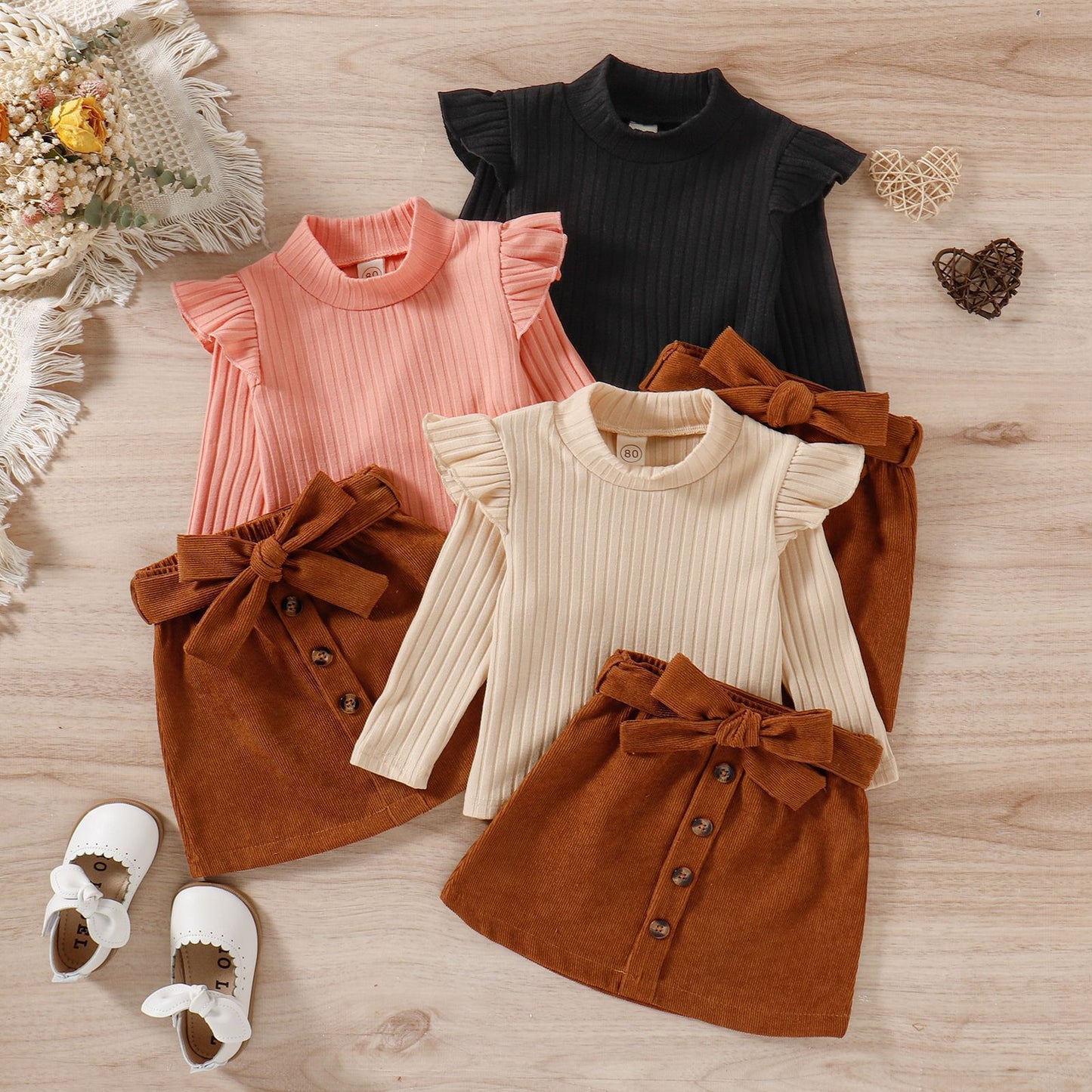 Toddler Baby Girl Fall Winter Skirt Set Turtleneck Ribbed Long Sleeve T-Shirt Top and Corduroy Skirts Dress 2Pcs Outfits