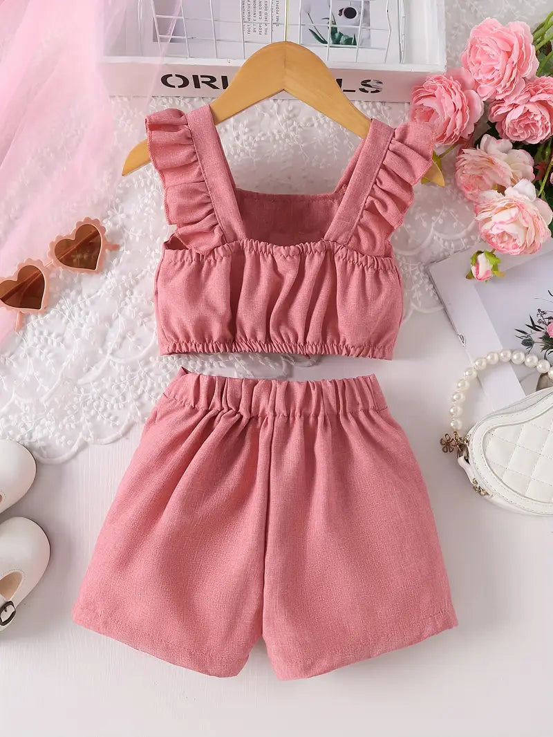 Two-piece Set for Little Girl with Flying Sleeve Blouse with Bow and Half Skirt with Bow Shorts