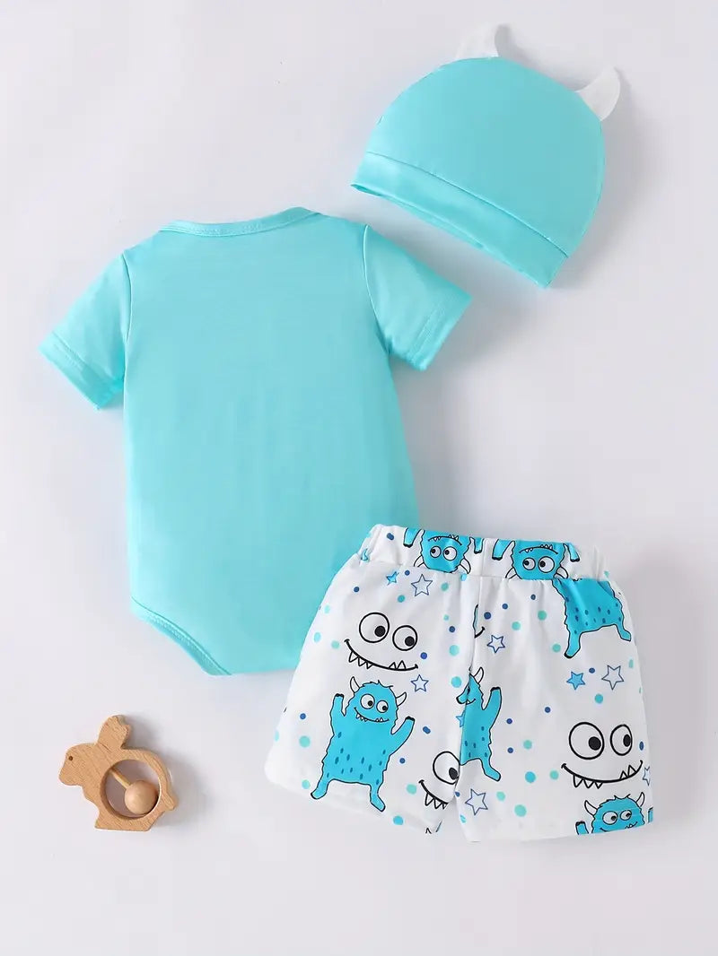 Three-piece set for baby boys: short-sleeved shirt with cute little monster expression in lake blue