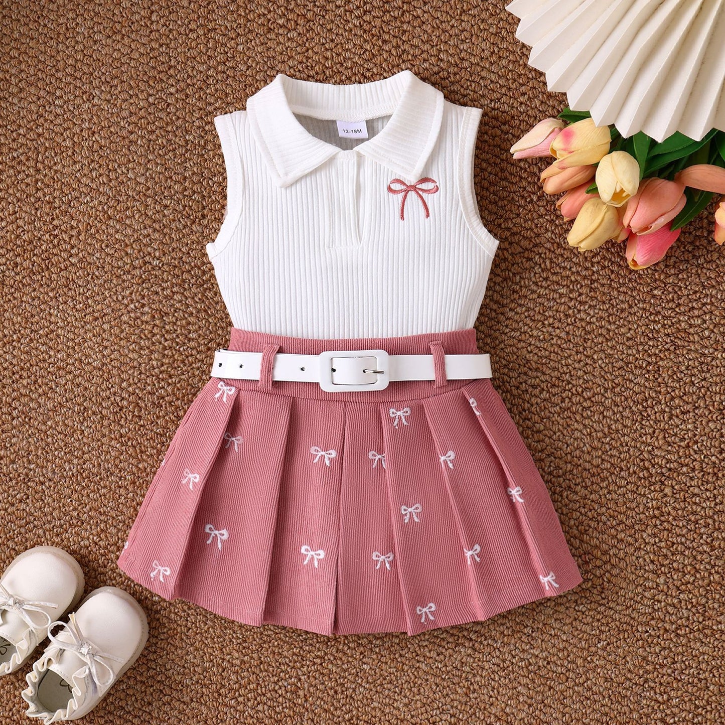 Preppy Summer Outfits for Toddler Girls- Sleeveless Bow Tank Top + Pleated Skirt Set