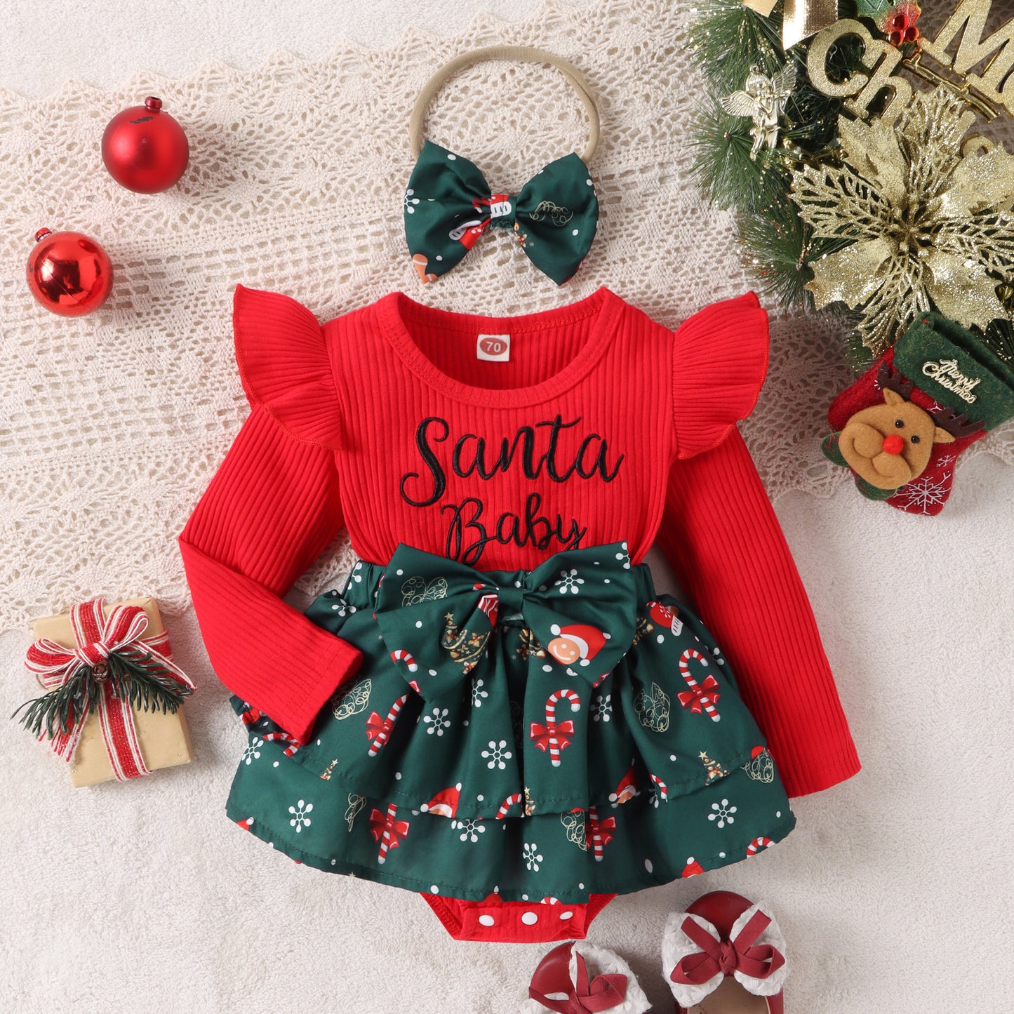 Baby Girls Christmas Romper Dress Long Sleeve Letter Santa Hat Print Romper with Bow Headband