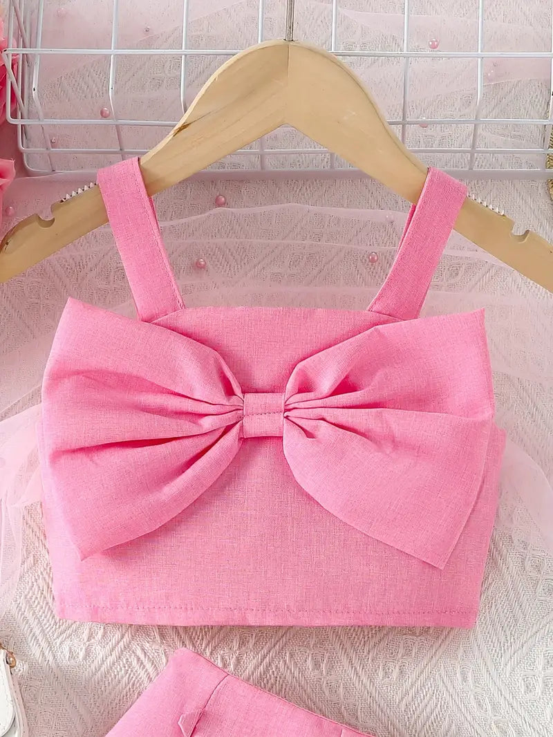 Charming Pink Bow-Accented Crop Top & Shorts Set for Youngsters Girls