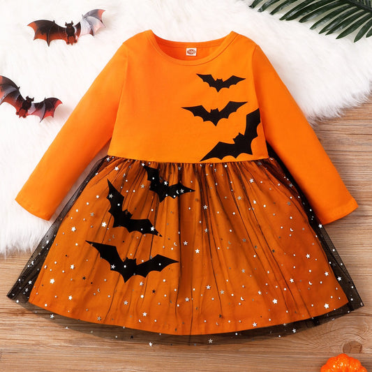 Halloween Girl Long Sleeve Dress Fashion Princess Bat Printed Mesh Dress Autumn Toddler Tutu Dress Kids Halloween Party Clothes