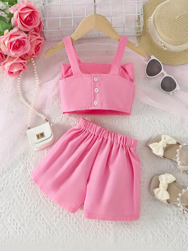 Charming Pink Bow-Accented Crop Top & Shorts Set for Youngsters Girls