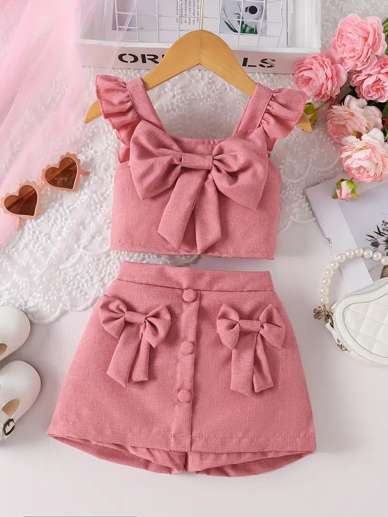 Two-piece Set for Little Girl with Flying Sleeve Blouse with Bow and Half Skirt with Bow Shorts