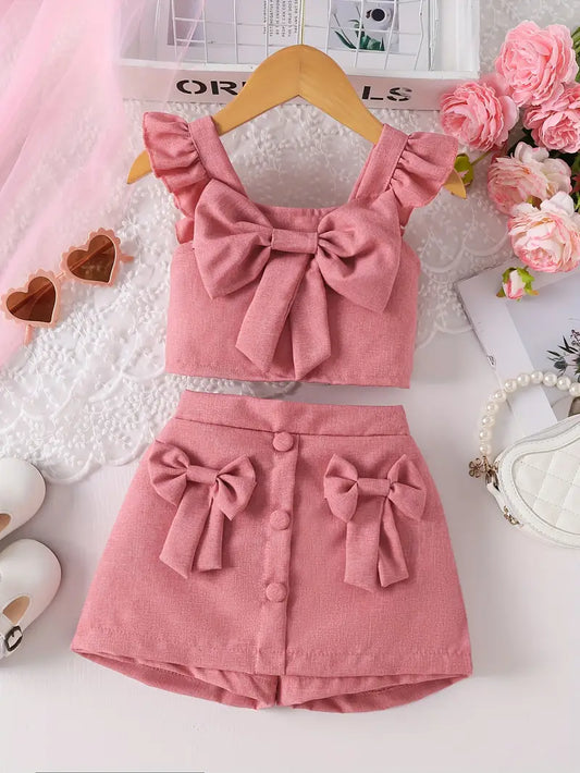 Two-piece Set for Little Girl with Flying Sleeve Blouse with Bow and Half Skirt with Bow Shorts