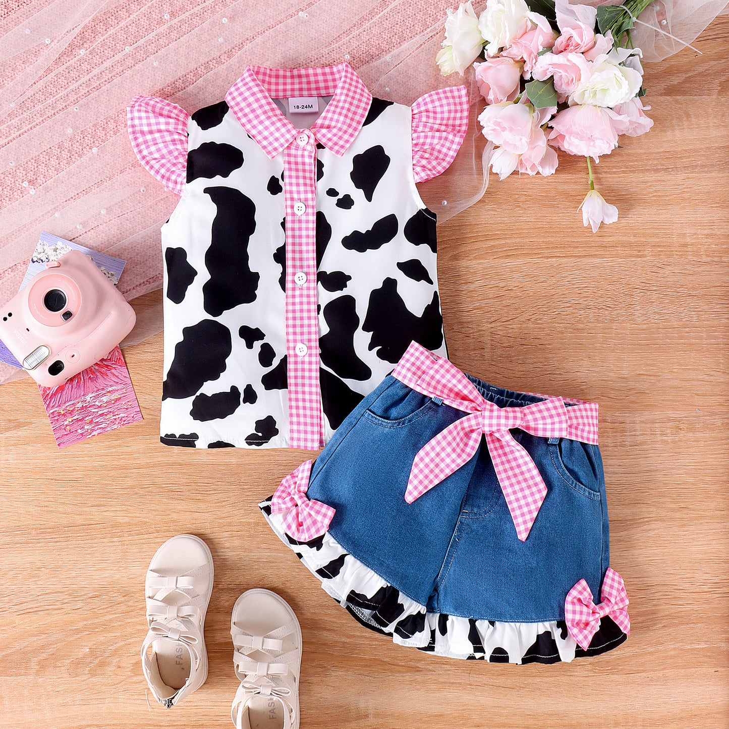 Baby Girl Countryside-style 2pcs Summer Outfits Fly Sleeve Cow Print Button Shirt + Denim Shorts Set Toddler Clothes Farm Girl, Perfect for Outdoor