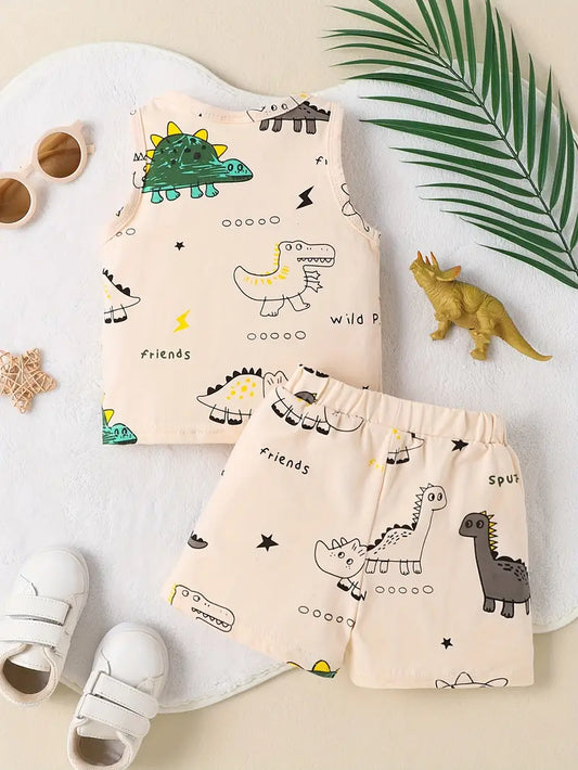 Sleeveless Dinosaur Pattern Top for Baby Boy + Dinosaur Pattern Shorts, for Outdoor