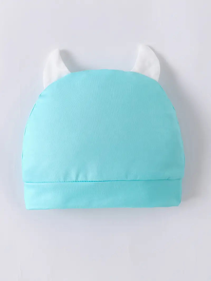 Three-piece set for baby boys: short-sleeved shirt with cute little monster expression in lake blue