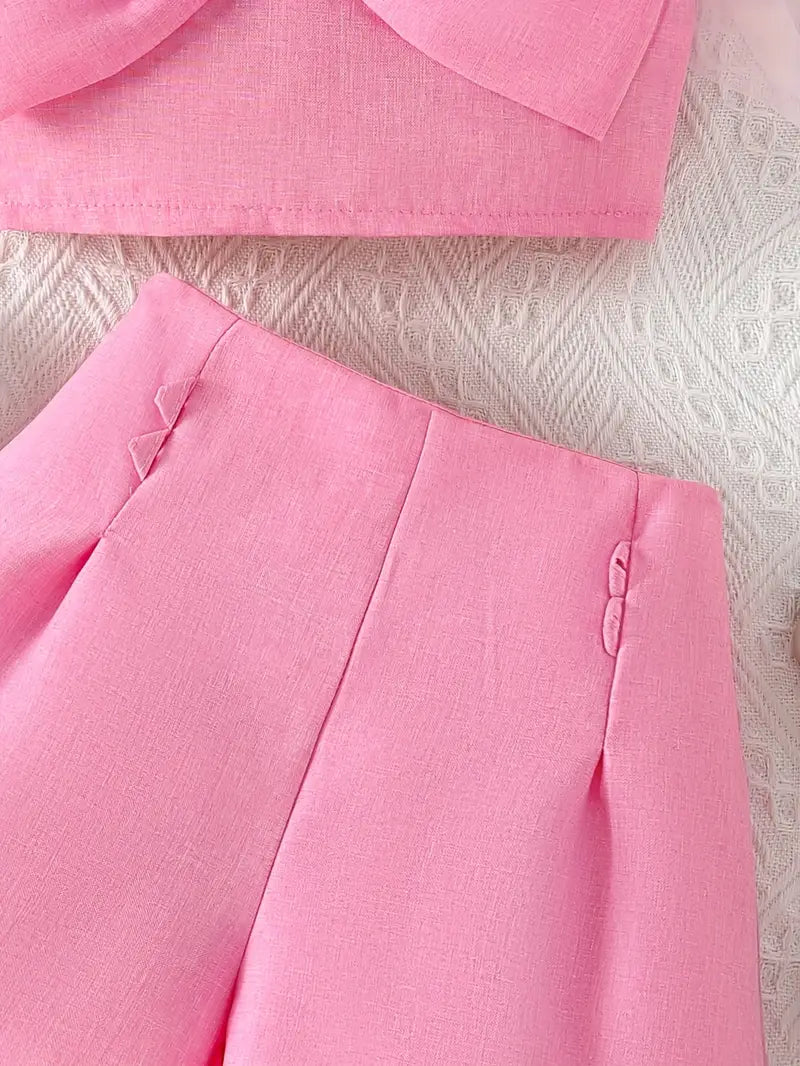 Charming Pink Bow-Accented Crop Top & Shorts Set for Youngsters Girls