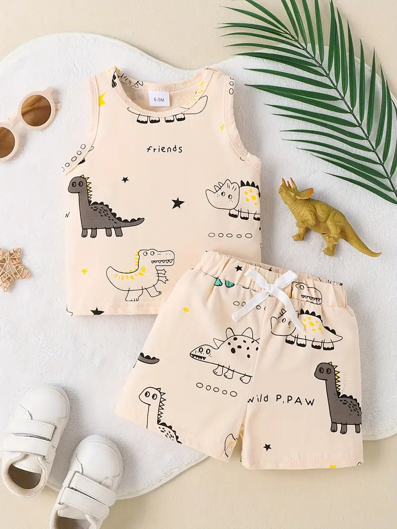 Sleeveless Dinosaur Pattern Top for Baby Boy + Dinosaur Pattern Shorts, for Outdoor